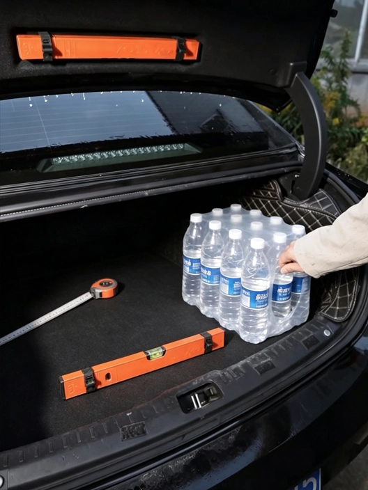 Image of A Custom Cabinet Boss’s Trunk: Always Tape Measure, Level & A Bottle Of Water